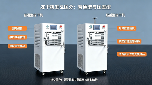 普通型与压盖型冻干机对比图，标注固定搁板、升降压盖隔板结构，区分常规样品与高活性易变质物料适用机型